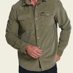 Banning Corduroy Snapshirt in Aloe on model, front
