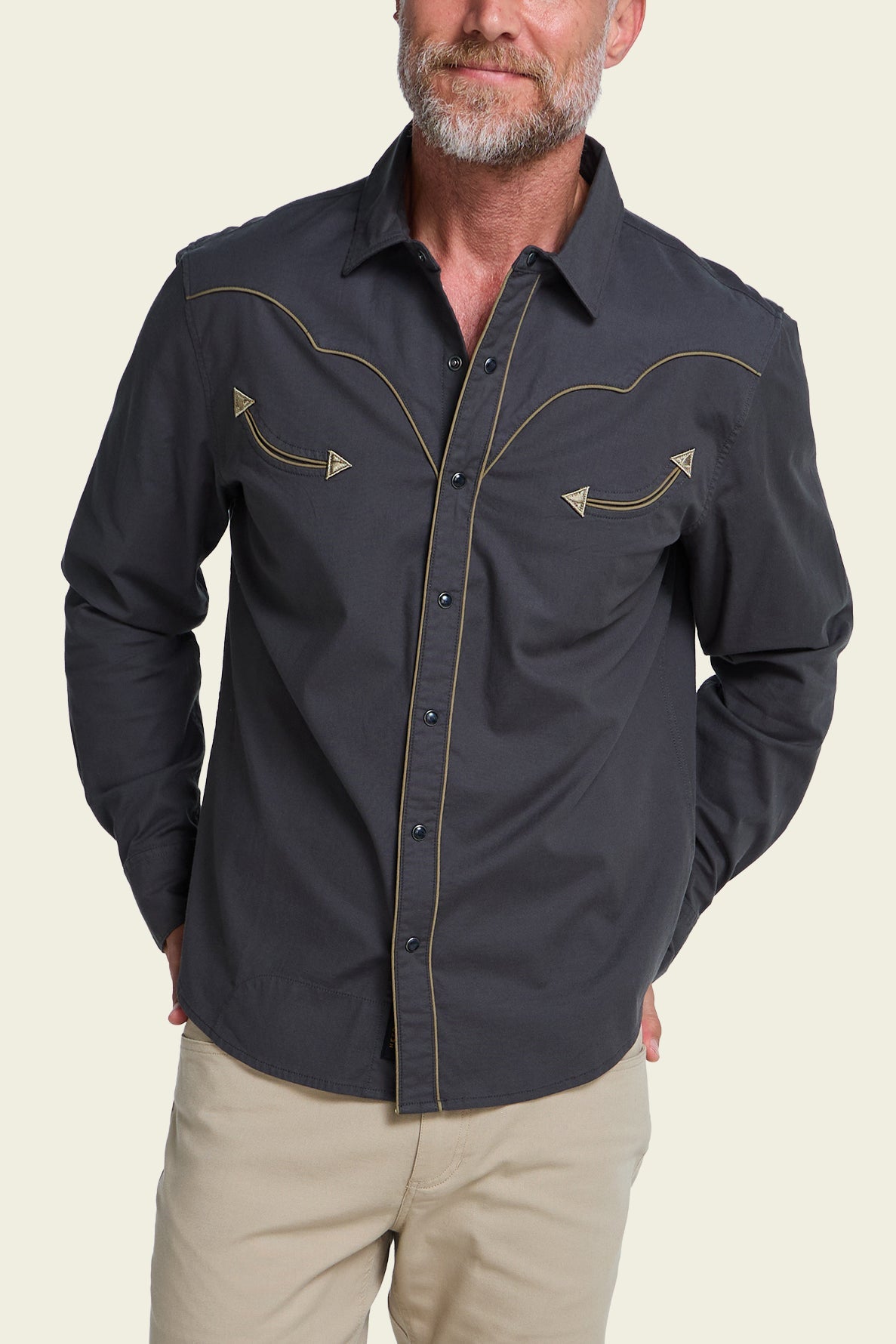 Broncbuster Longsleeve Snapshirt in Moonless Night on model, front