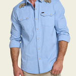 Howler Bros Crosscut Deluxe Snapshirt Fanned Flora on model, front