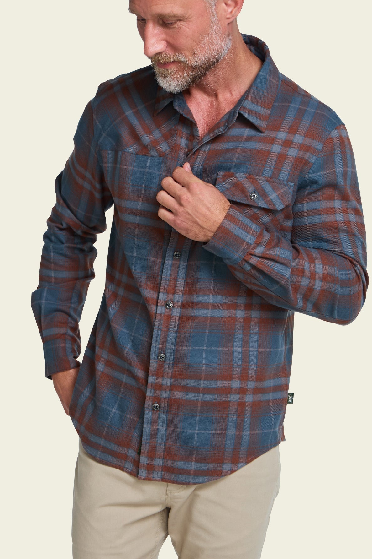 Harkers Flannel Kempton Plaid in Dark Slate on model, front