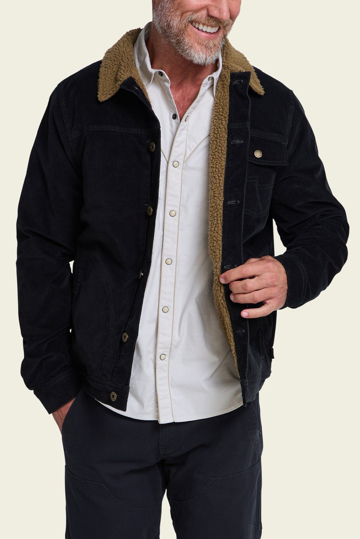 Fuzzy Depot Jacket in Carbonite on model, front
