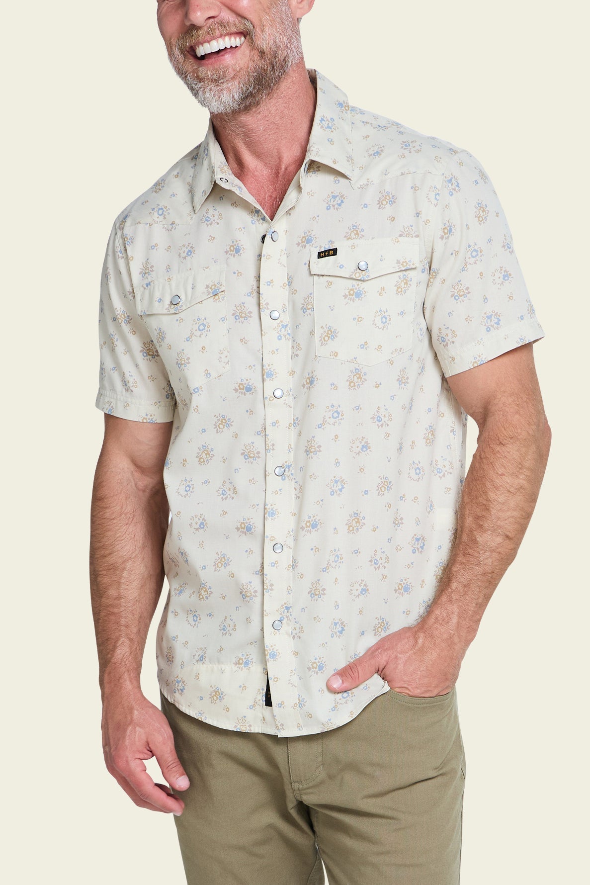 Howler Bros H Bar B Snapshirt Bouquets Beige on model, front