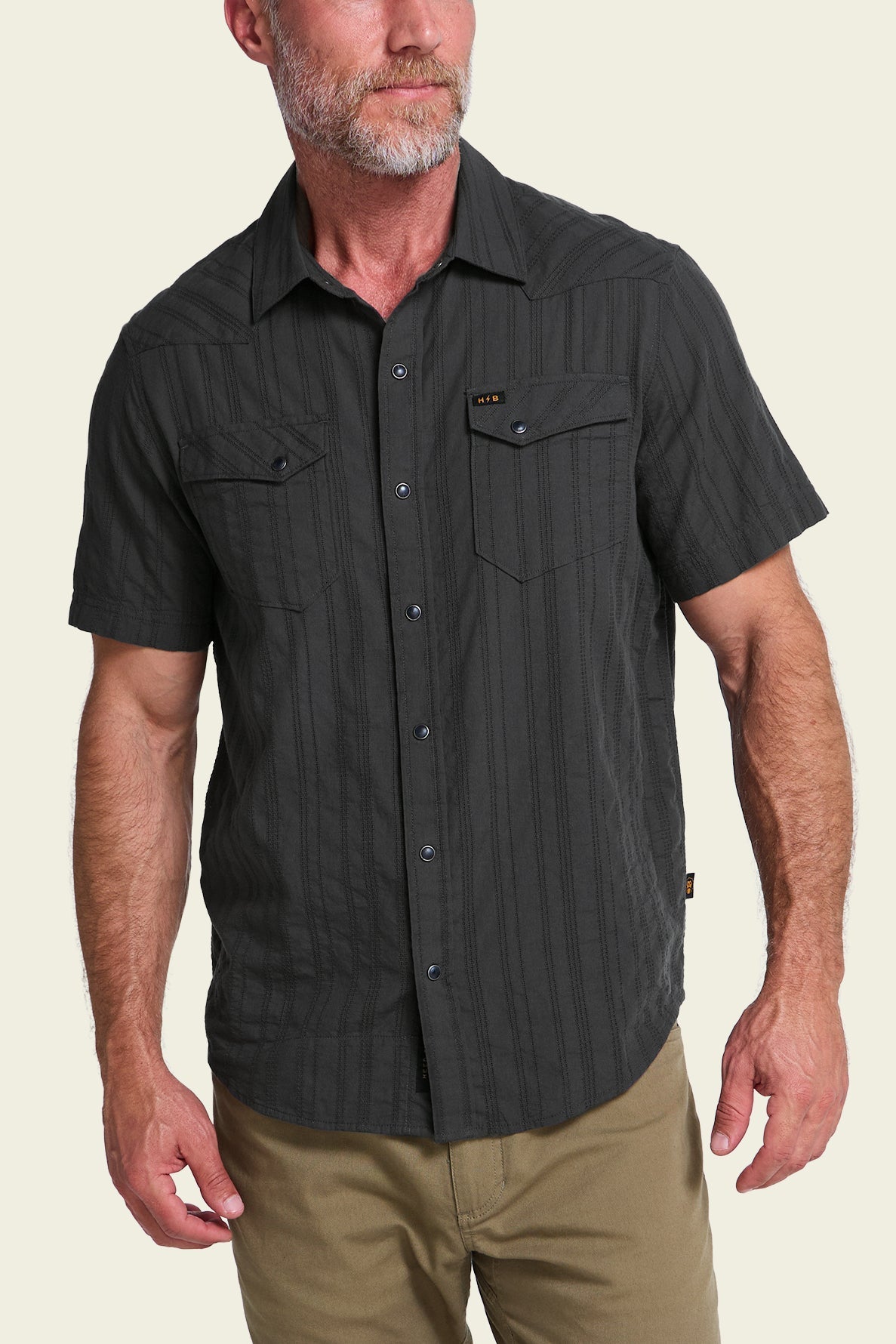 Howler Bros H Bar B Snapshirt Eyelet Stripe on model, front