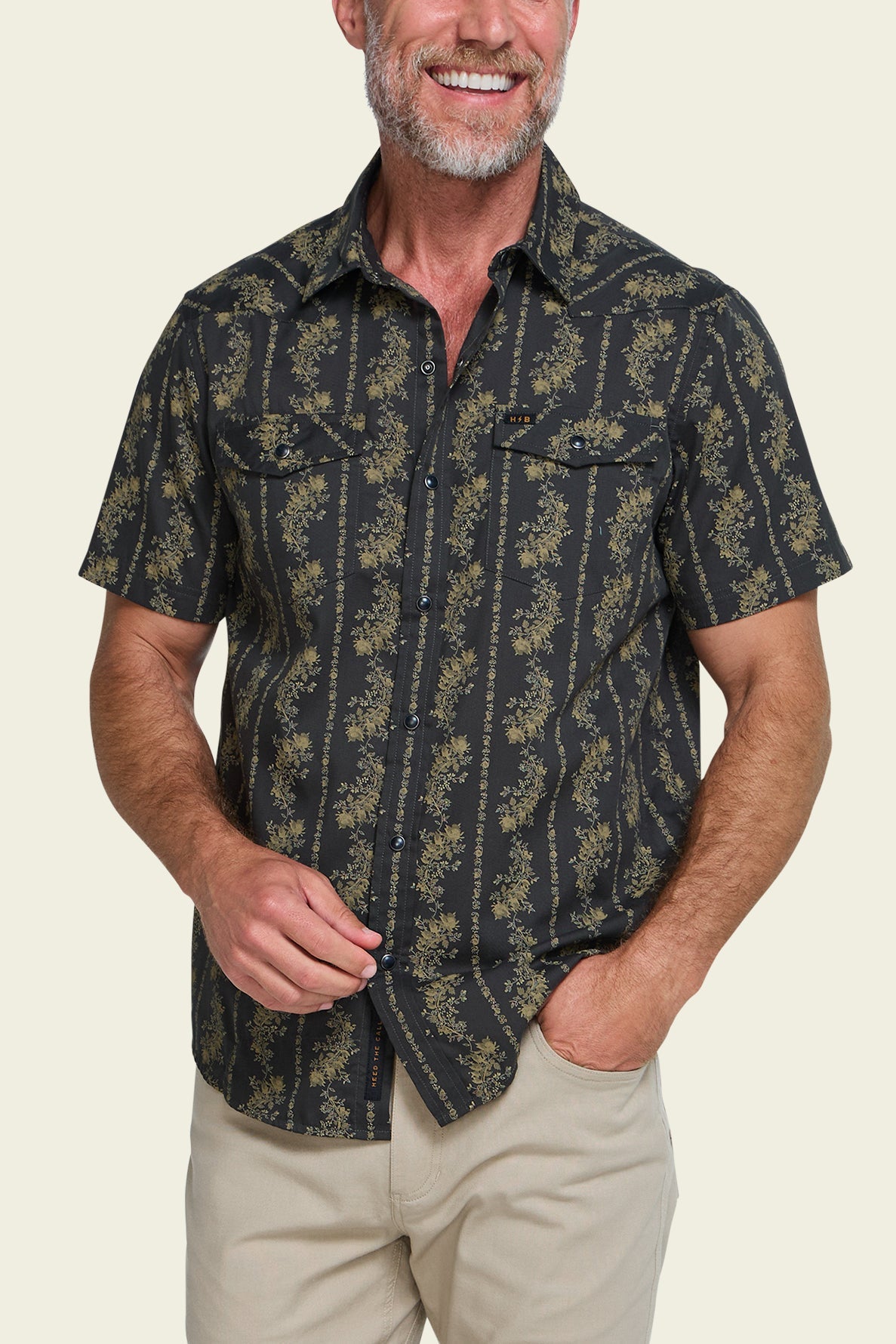 Howler Bros H Bar B Snapshirt Grampa's Curtains on model, front