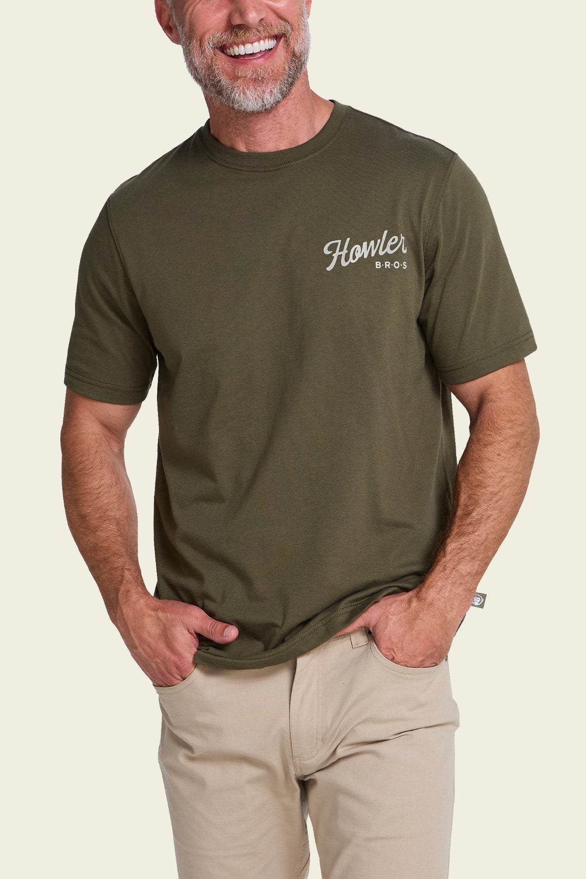 Howler Bros Howler Posse T-Shirt Dark Olive on model, front