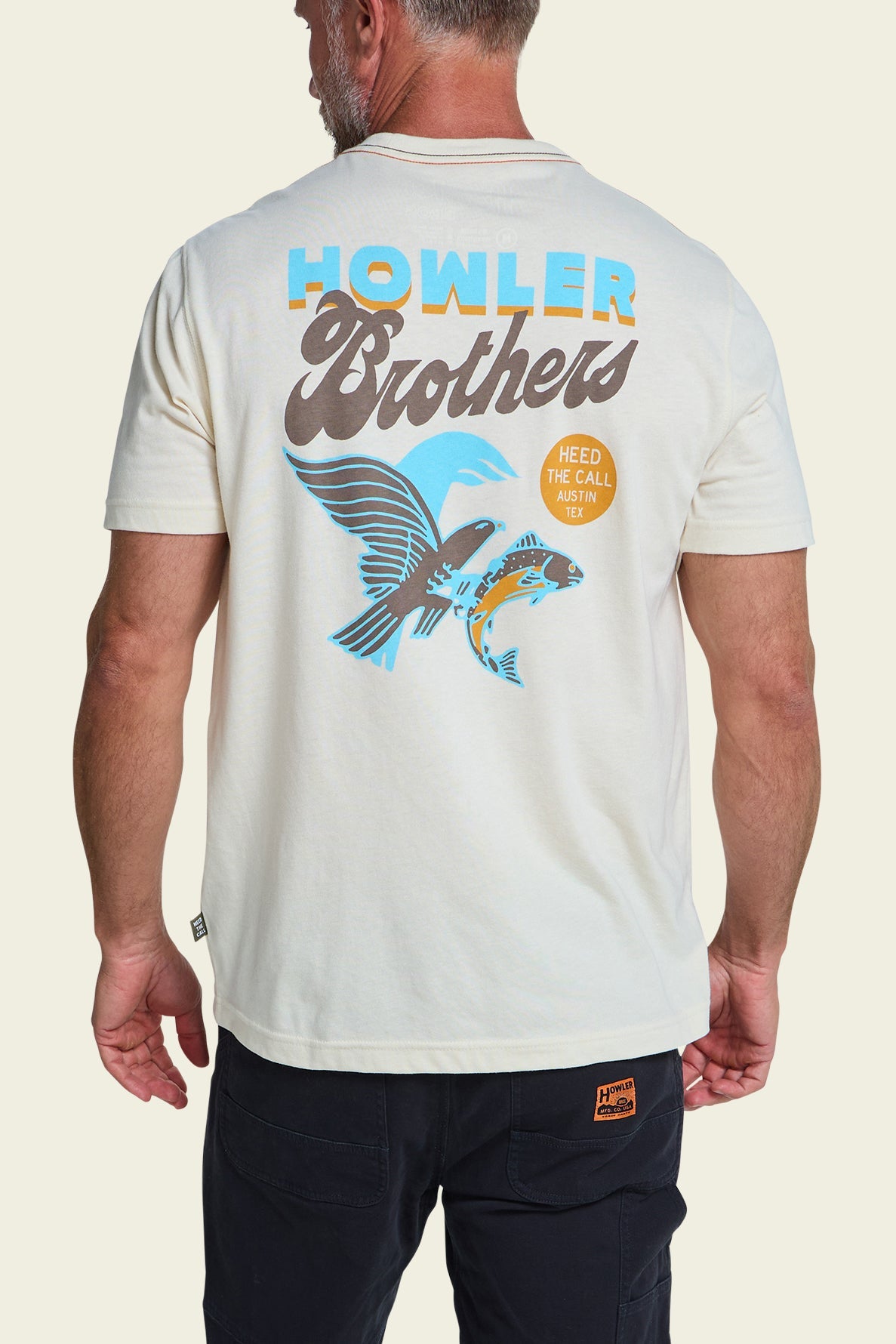 Howler Bros Osprey Prey Pocket T-Shirt Natural on model, back