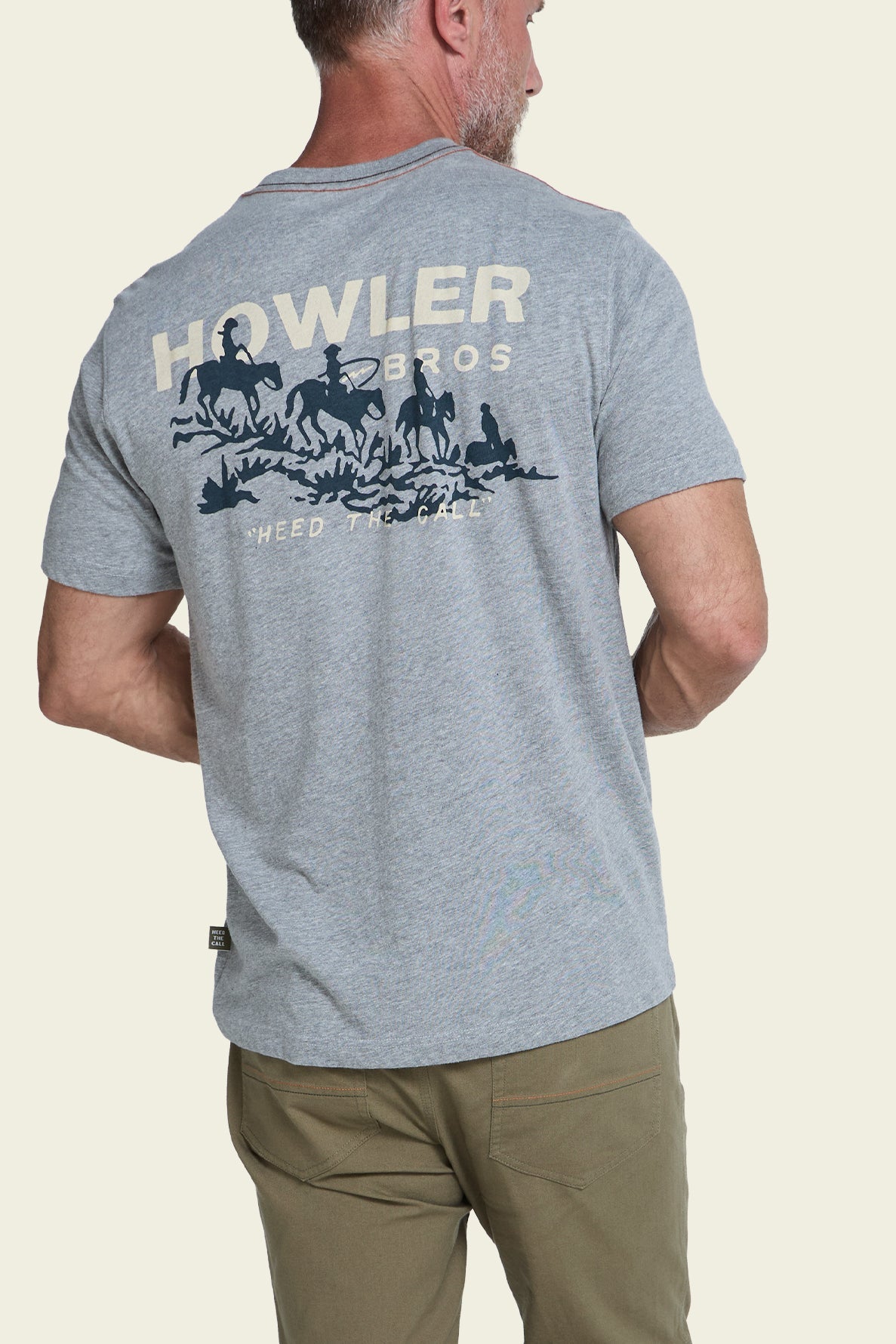 Howler Bros Posse's Return Pocket T-Shirt Grey Heather on model, back