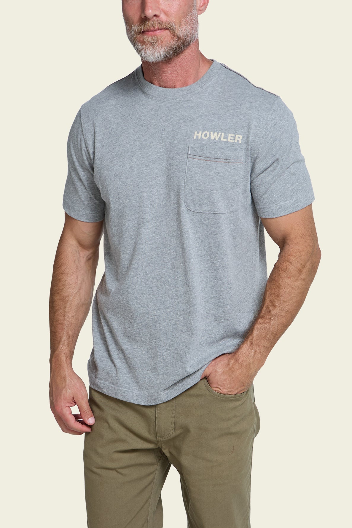 Howler Bros Posse's Return Pocket T-Shirt Grey Heather on model, front