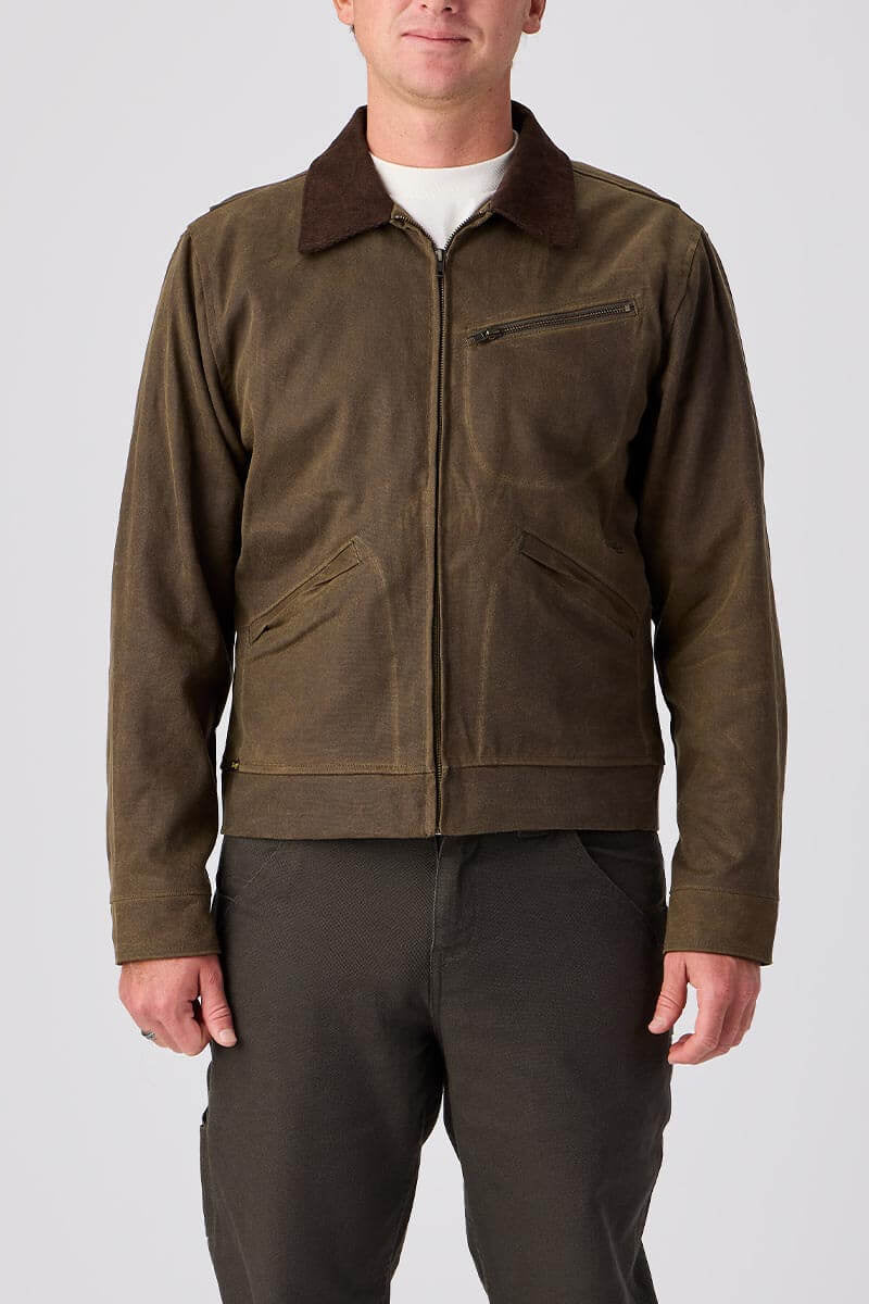 Waxed Ranch Jacket in Brown Olive, on model