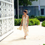 Z&L Europe Floricana Maxi Dress in multi color floral viscose worn outdoors, front view