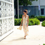 Z&L Europe Floricana Maxi Dress in multi color floral viscose worn outdoors, front view