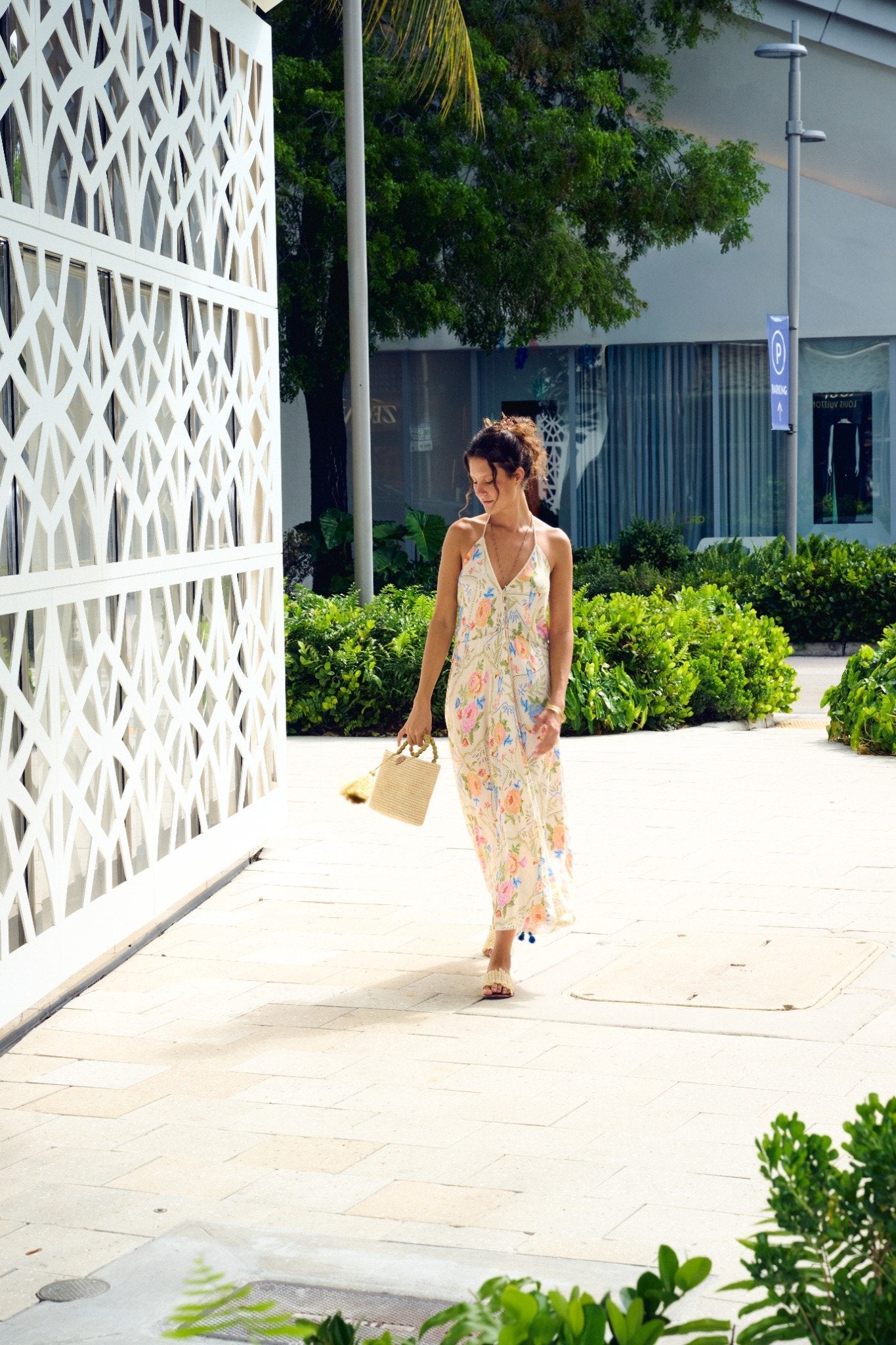 Z&L Europe Floricana Maxi Dress in multi color floral viscose worn outdoors, front view