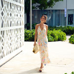 Z&L Europe Floricana Maxi Dress in multi color floral viscose worn outdoors, walking away