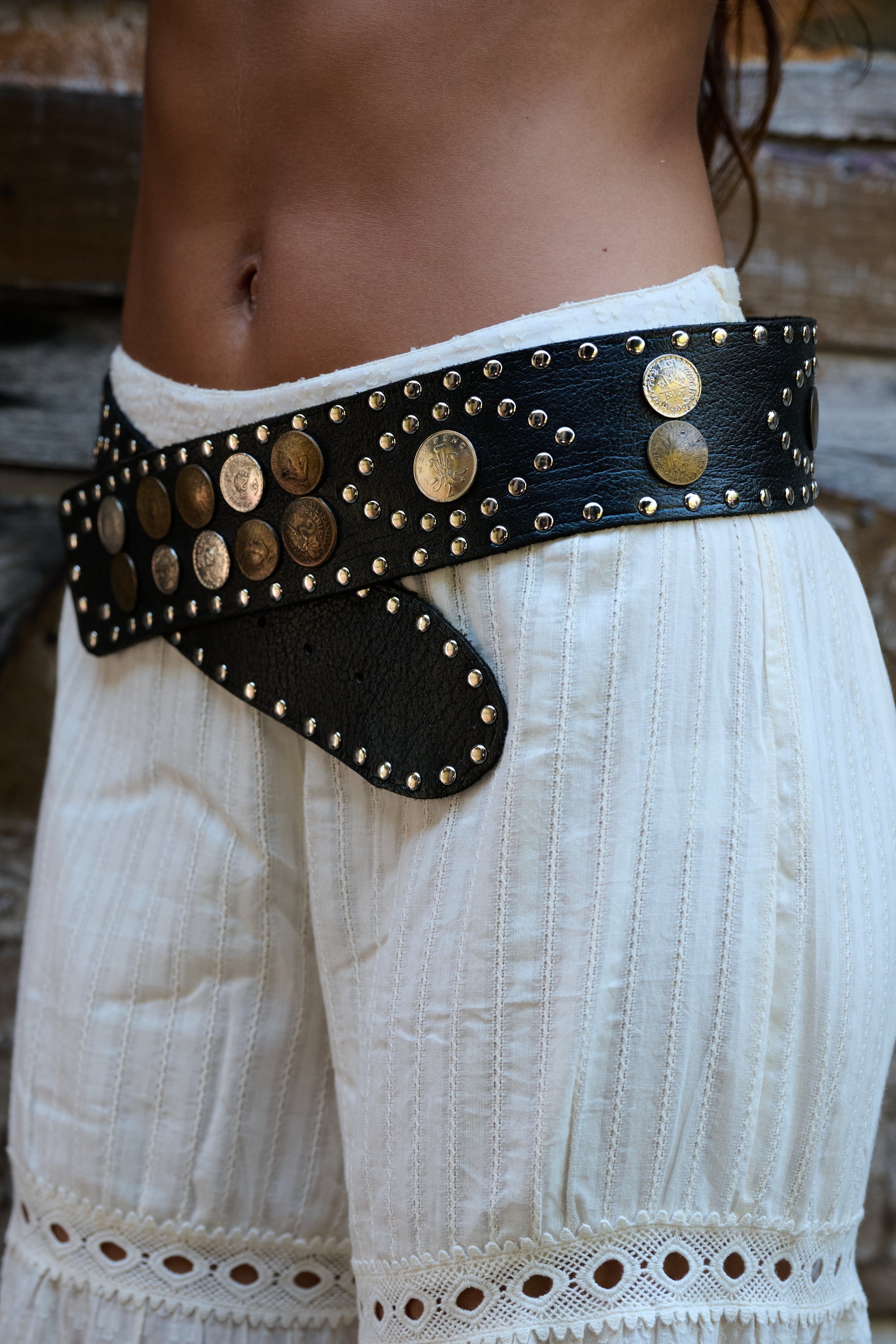 Z&L Europe Vega Coin Belt in black leather with antique coins and studs