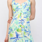 Tropical Linen Cross Back Button Front Dress - Cream/Blue