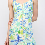Tropical Linen Cross Back Button Front Dress - Cream/Blue