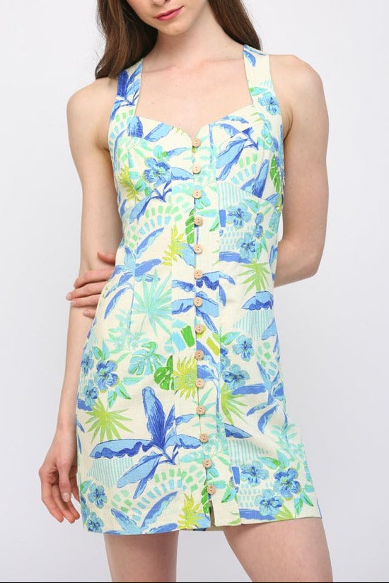 Tropical Linen Cross Back Button Front Dress - Cream/Blue