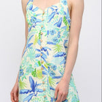 Tropical Linen Cross Back Button Front Dress - Cream/Blue