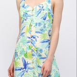 Tropical Linen Cross Back Button Front Dress - Cream/Blue
