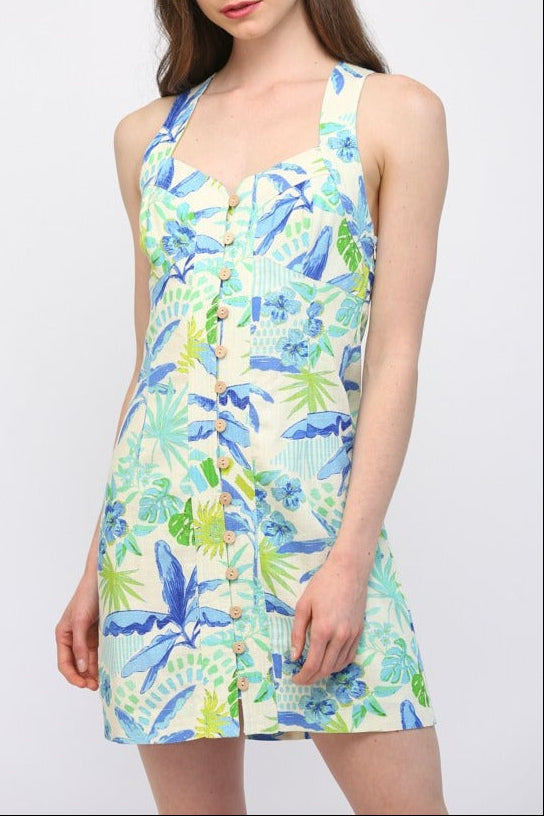 Tropical Linen Cross Back Button Front Dress - Cream/Blue