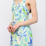 Tropical Linen Cross Back Button Front Dress - Cream/Blue