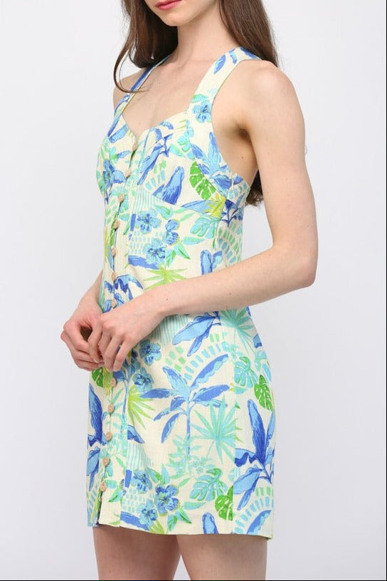 Tropical Linen Cross Back Button Front Dress - Cream/Blue