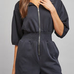 Sloane Zip Front Smocked Romper in Black - collar and zip detail