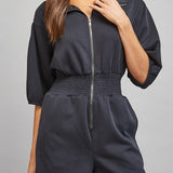 Sloane Zip Front Smocked Romper in Black - collar and zip detail