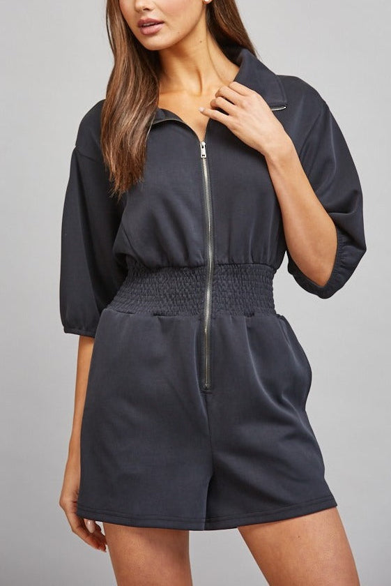 Sloane Zip Front Smocked Romper in Black - collar and zip detail