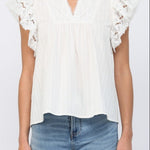 Ruffled Short Sleeve Crochet Tape V-Neck Flowy Top - Off White