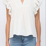 Ruffled Short Sleeve Crochet Tape V-Neck Flowy Top - Off White