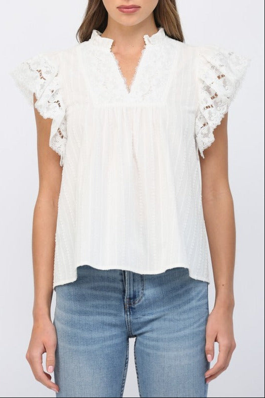 Ruffled Short Sleeve Crochet Tape V-Neck Flowy Top - Off White