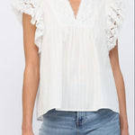 Ruffled Short Sleeve Crochet Tape V-Neck Flowy Top - Off White