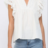 Ruffled Short Sleeve Crochet Tape V-Neck Flowy Top - Off White