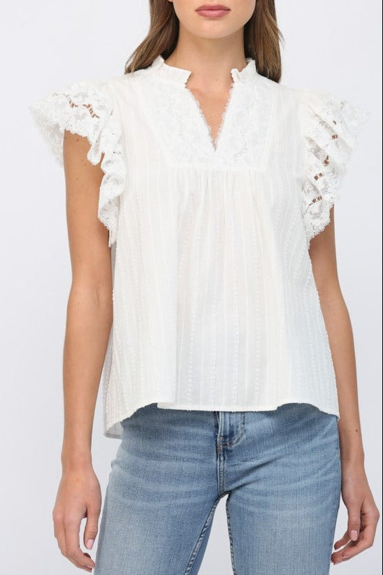 Ruffled Short Sleeve Crochet Tape V-Neck Flowy Top - Off White