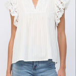 Ruffled Short Sleeve Crochet Tape V-Neck Flowy Top - Off White