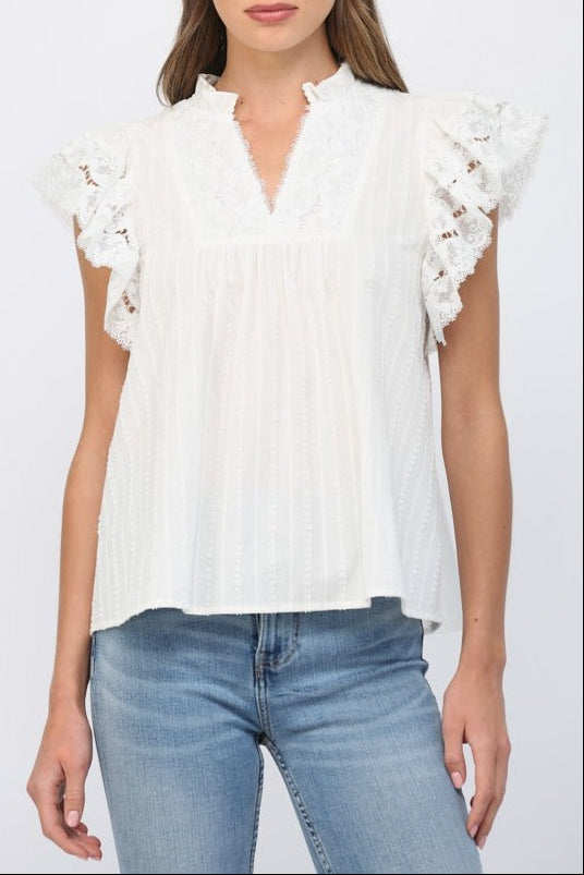 Ruffled Short Sleeve Crochet Tape V-Neck Flowy Top - Off White