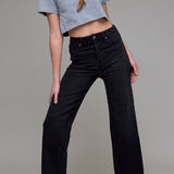 Hidden Jeans Tracey High Waist Wide Straight Jean - Black - side