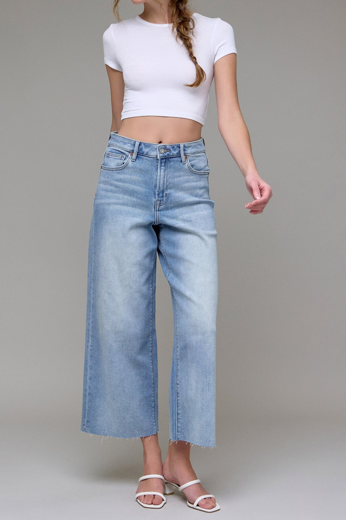Nori Light Wash Cropped Wide Leg Jeans - front