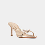 Heidi knotted strap heeled sandal in gold, angled front