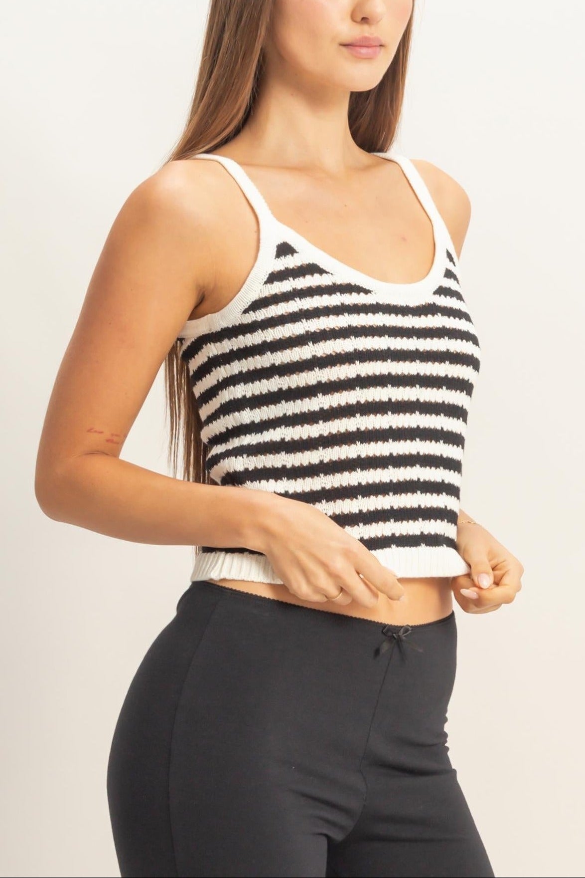 Striped Round Neck Sweater Tank in Black
