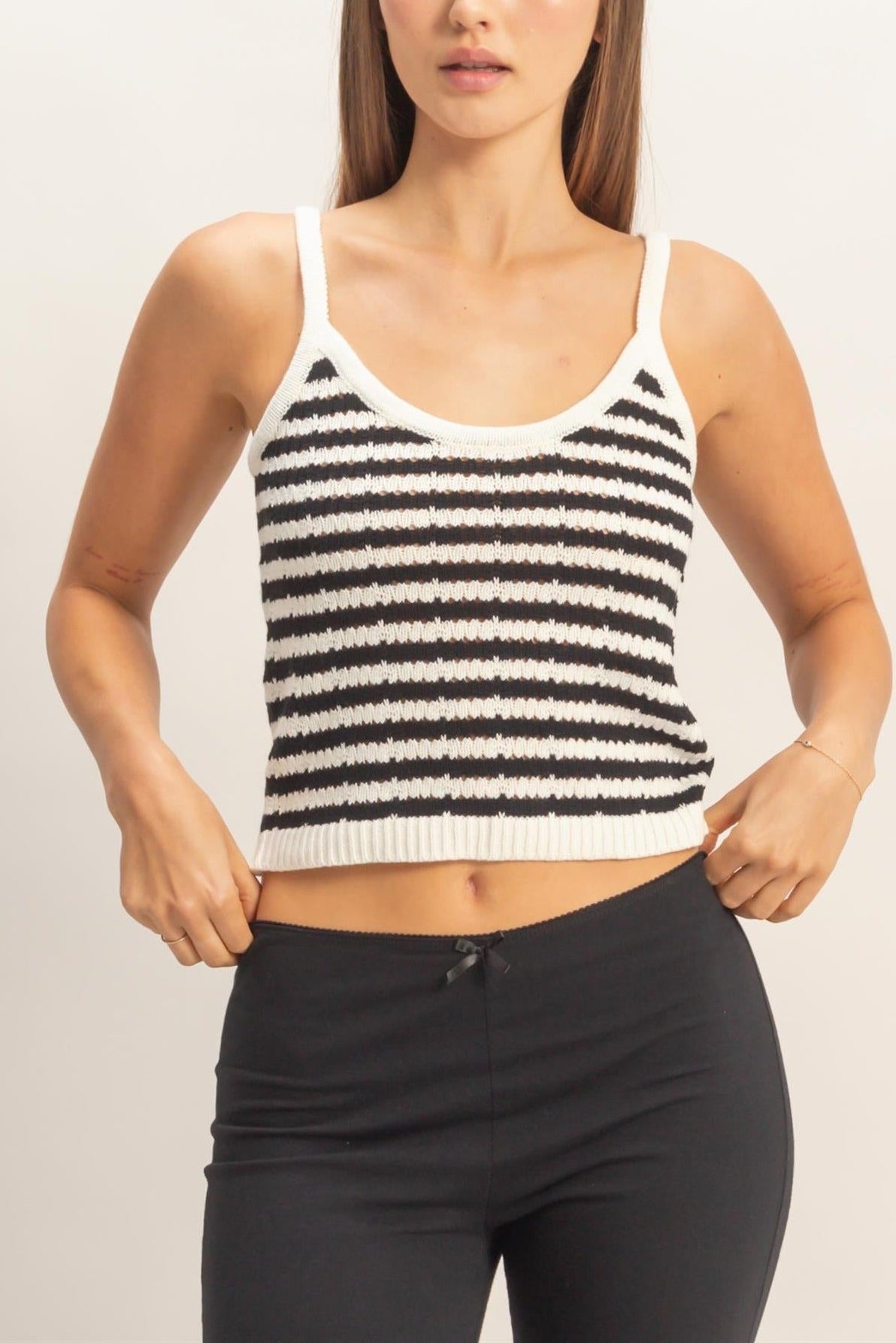 Striped Round Neck Sweater Tank in Black