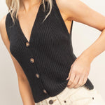 Ribbed V-Neck Buttoned Tank in Black