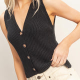 Ribbed V-Neck Buttoned Tank in Black