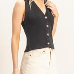 Ribbed V-Neck Buttoned Tank in Black