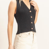 Ribbed V-Neck Buttoned Tank in Black