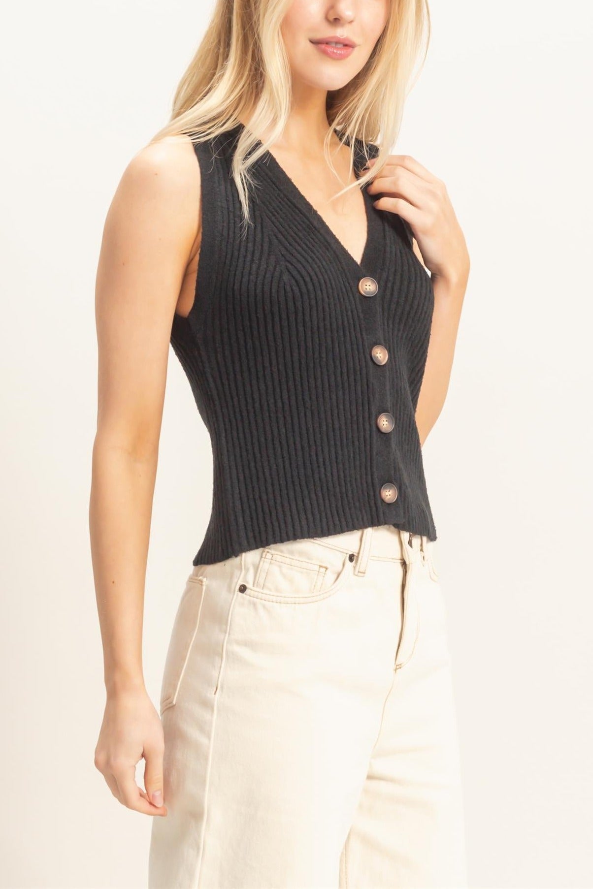 Ribbed V-Neck Buttoned Tank in Black