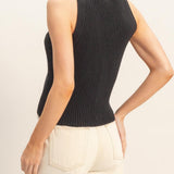 Ribbed V-Neck Buttoned Tank in Black