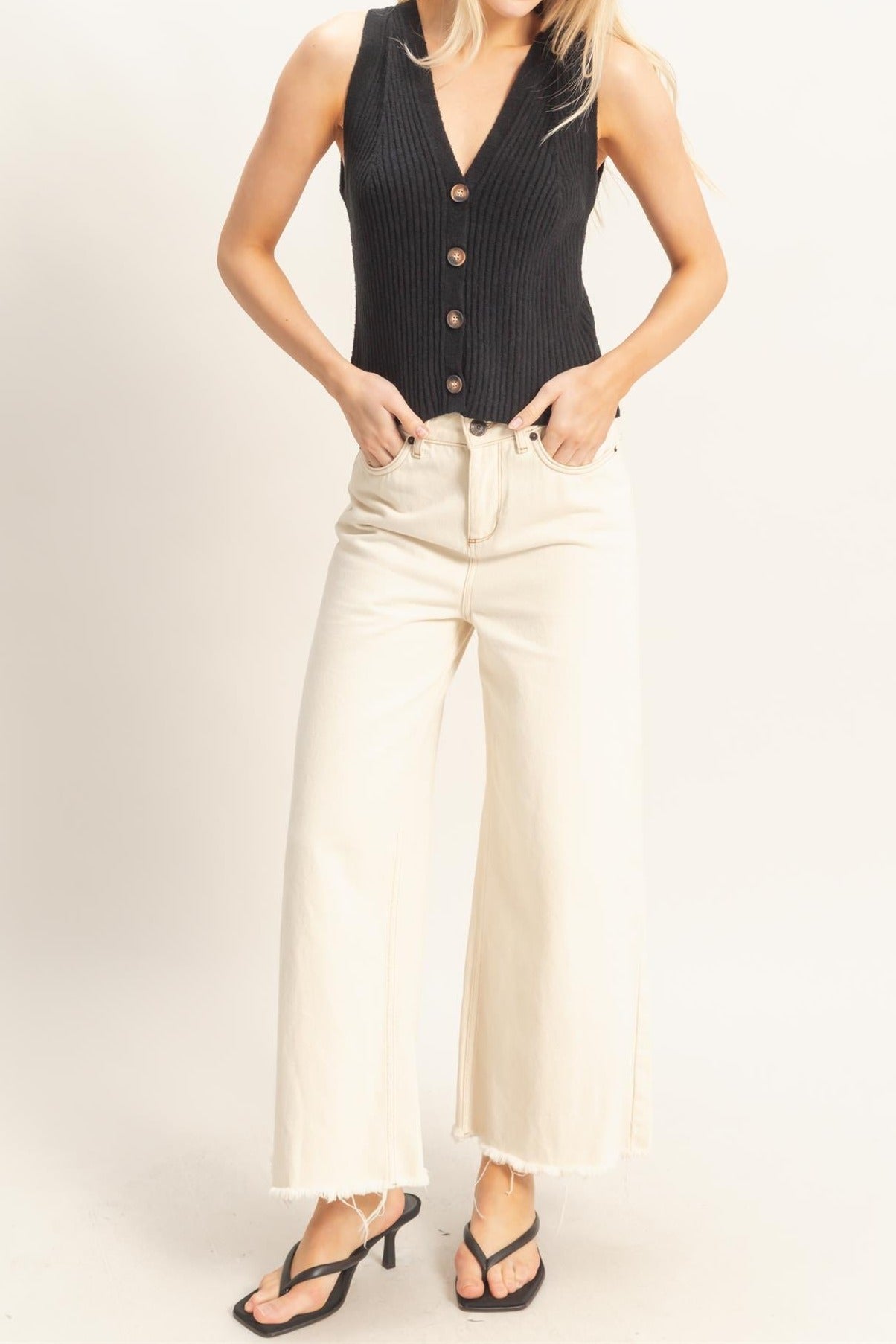Ribbed V-Neck Buttoned Tank in Black