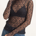 Lace Mock Neck Long Sleeve Top in Black